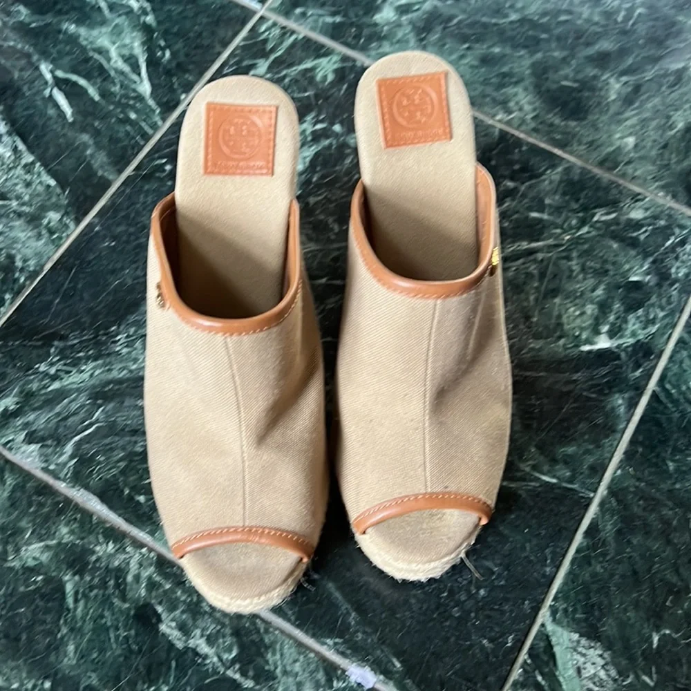 Tory Burch Tan Canvas Espadrille Wedge Mules with Brown Trim Accents
